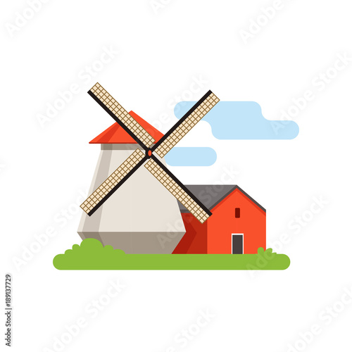 Windmill, mill, rural landscape, farm building, countryside life object vector Illustration