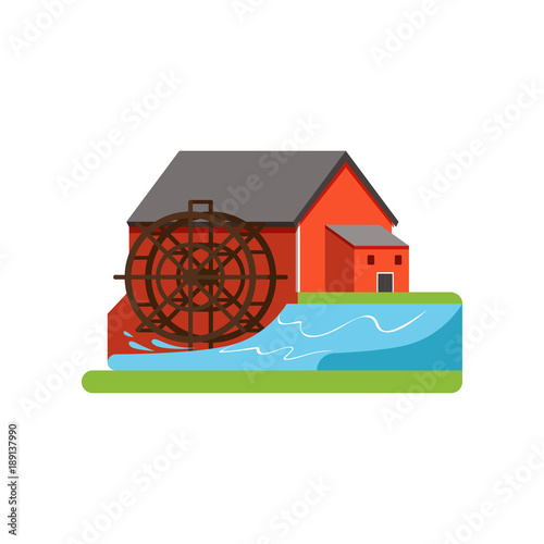 Old water mill, farm building, countryside life object vector Illustration