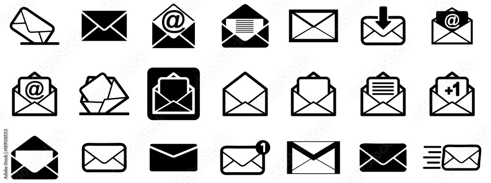 Black emails vector icon pack - obrazy, fototapety, plakaty 