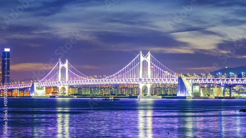 Timelapse of Gwangan Bridge and Haeundae at Sunset, Busan City, South Korea.Timelapse 4k photo