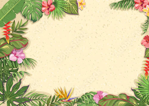 Light background with tropical flowers and leaves 
