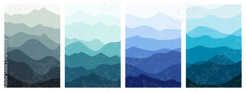 Beautiful mountains landscapes in different colors. Set of layered vertical backgrounds. Stylish outdoor card templates. Textured vector illustration for posters, banners, leaflets and covers design.
