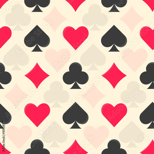 Flat vector black and red colorful playing cards suits seamless pattern. Diamonds, clubs, hearts and spades texture for leasure activity games design, textile, wrapping paper, background