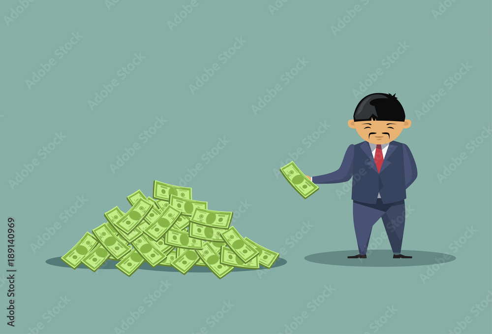 Asian Business Man Throwing Dollars In Big Heap Rich Cartoon Chinese Business Man Financial Success Concept Flat Vector Illustration Asian Business Man Throwing Dollars In Big Heap Rich Cartoon Chinese Business Man Financial Success Concept Flat Vector Illustration