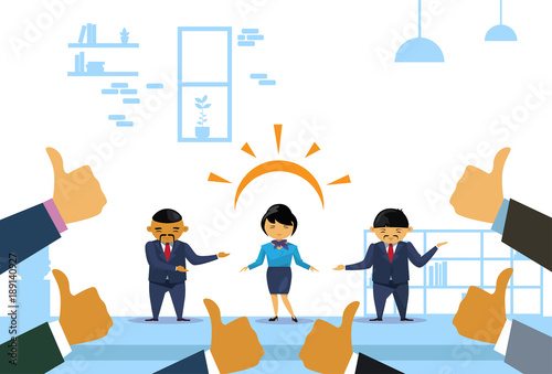 Successful Asian Business Woman With Many Thumbs Up From Collegues Flat Vector Illustration