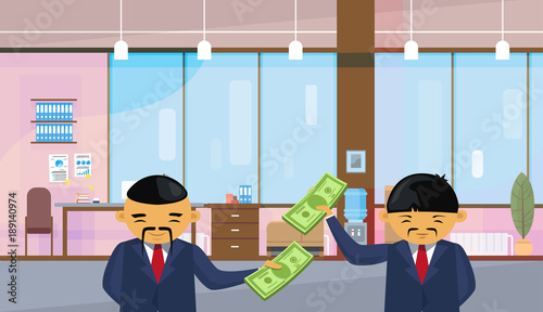 Two Asian Business Men Holding Dollar Banknotes Standing Over Office Background Salary Or Financial Success Profit Concept Flat Vector Illustration photo