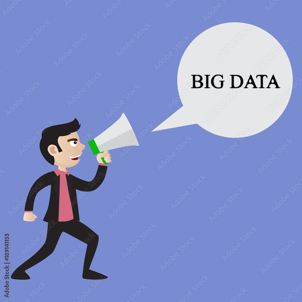 A young businessman screams into the loudspeaker. Business illustration with the inscription:big data A young businessman screams into the loudspeaker. Business illustration with the inscription:big data