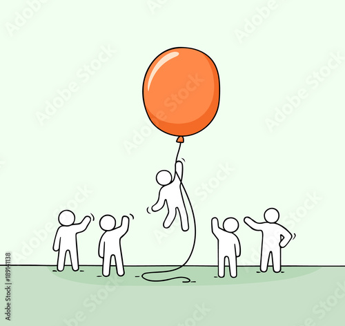 Doodle cute miniature scene of workers with balloon.