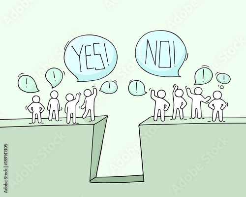 Cartoon working little people with speech bubbles.