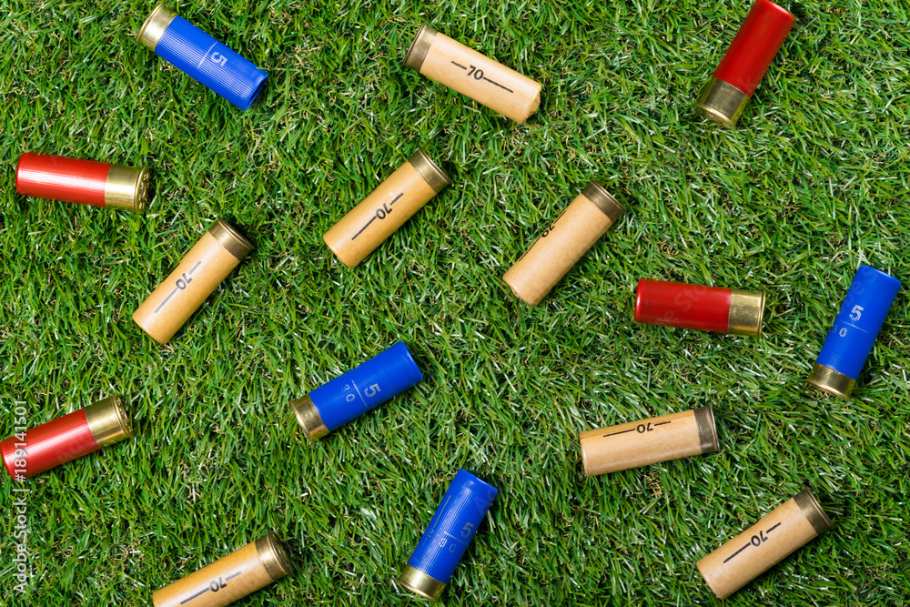 a large number of scattered hunting bullets on a green lawn as a background a large number of scattered hunting bullets on a green lawn as a background