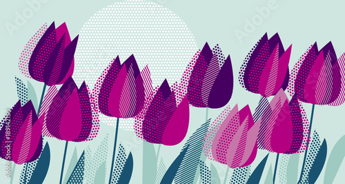Purple tulip flowers with dot geometry texture pattern. Vector illustration for surface design, background, cord, invitation, poster.