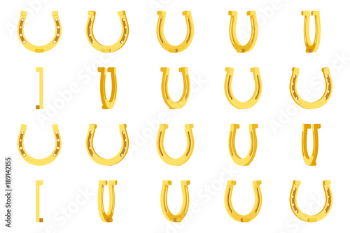 3d Gold metal horseshoe luck symbol fortune talisman Rotation Animation Frames Set Flat Design Vector Illustration