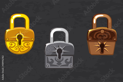 cartoon collection of gold, silver and bronze padlocks. Game and app ui icons, design elements.