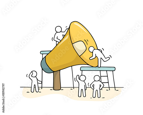 Sketch of working little people with big loudspeaker.