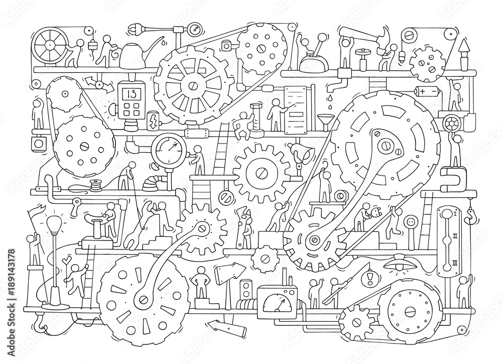 Sketch of people teamwork, gears, production