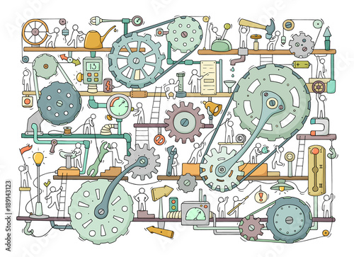 Sketch of people teamwork, gears, production