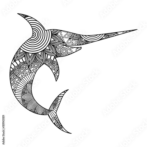 hand drawn for adult coloring pages with marlin fish zentangle monochrome sketch vector illustration