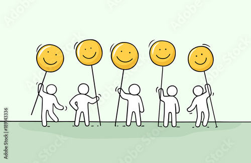 Crowd of working little people with smile sings.