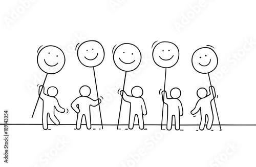 Crowd of working little people with smile sings.
