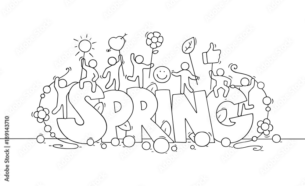 Sketch of little people with big word Spring.