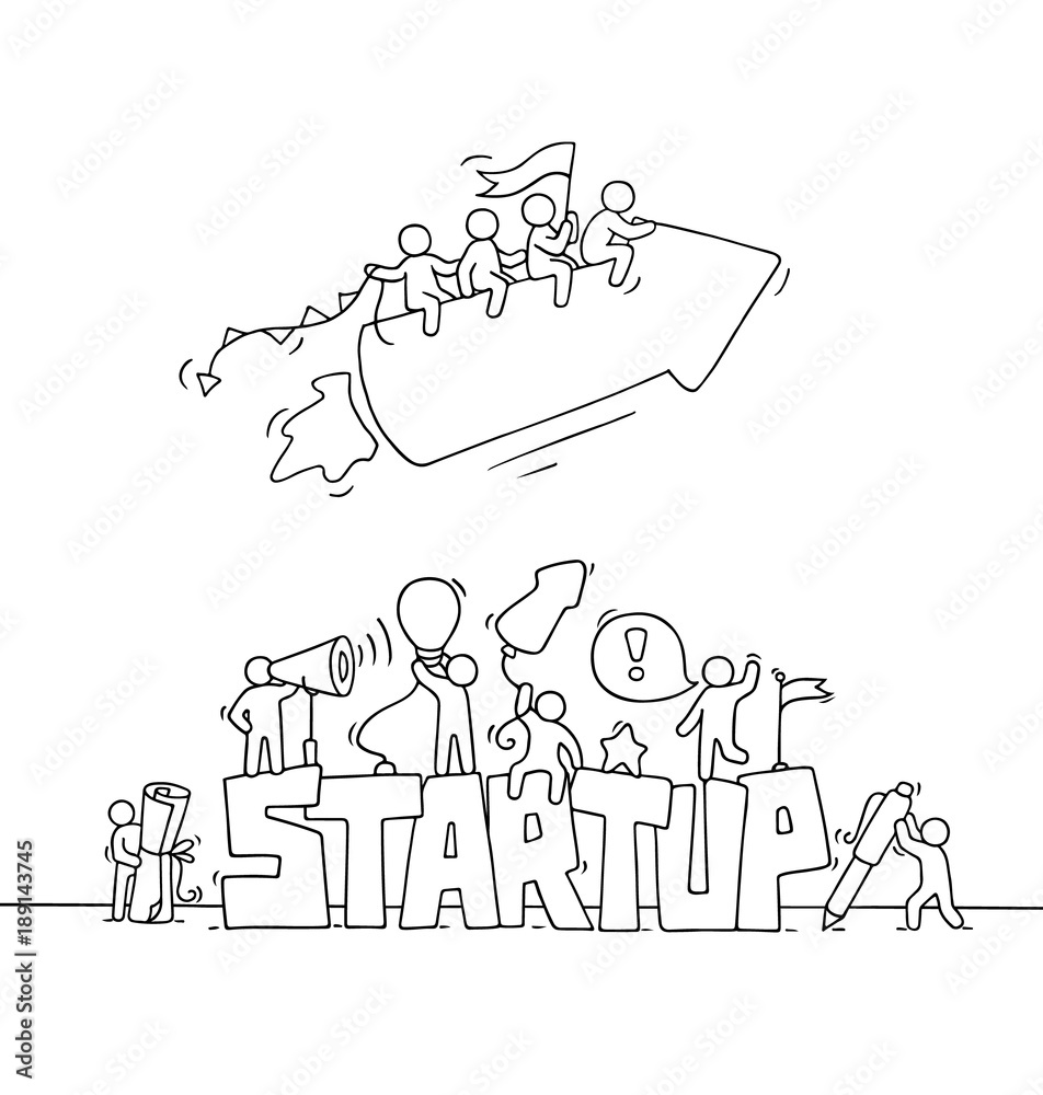 little people with fly arrow, word Startup. little people with fly arrow, word Startup.