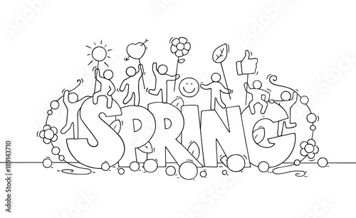 Sketch of little people with big word Spring.