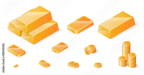 Gold bars and coins set. Isometric vector illustration
