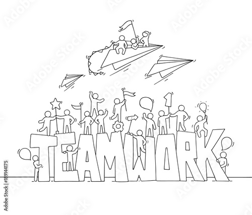 Sketch of working little people with big word Teamwork.