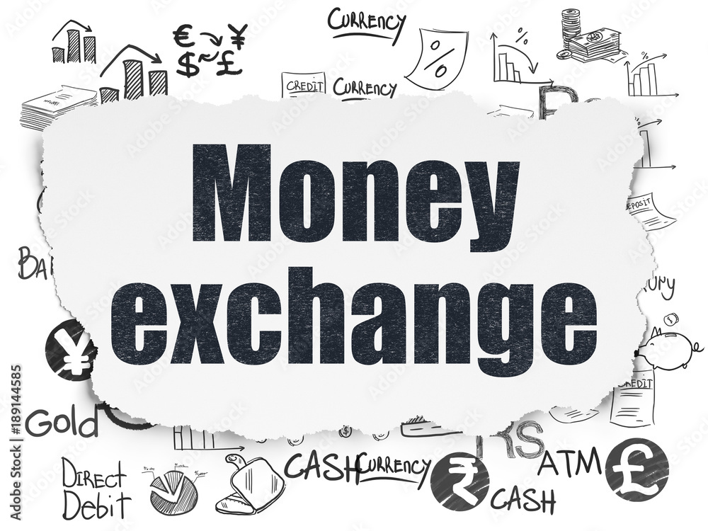 Banking concept: Painted black text Money Exchange on Torn Paper background with  Hand Drawn Finance Icons