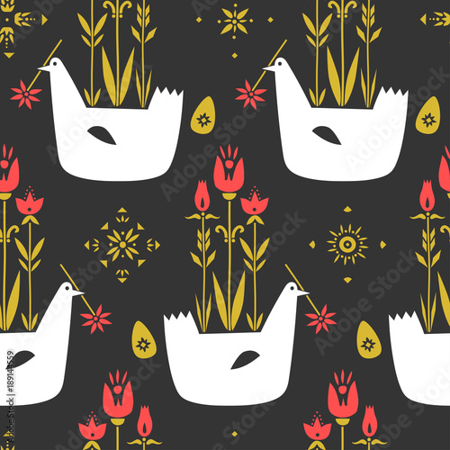 Vector seamless pattern of chickens, eggs and flowers in a folk style on a black background.