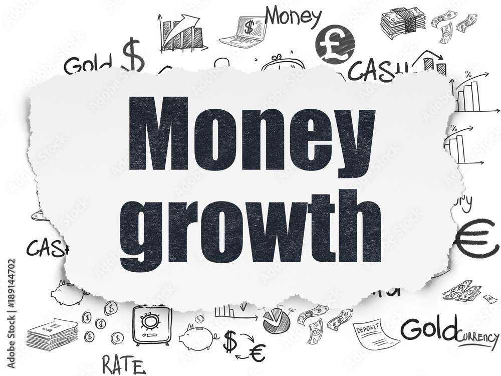 Money concept: Painted black text Money Growth on Torn Paper background with Hand Drawn Finance Icons Money concept: Painted black text Money Growth on Torn Paper background with Hand Drawn Finance Icons
