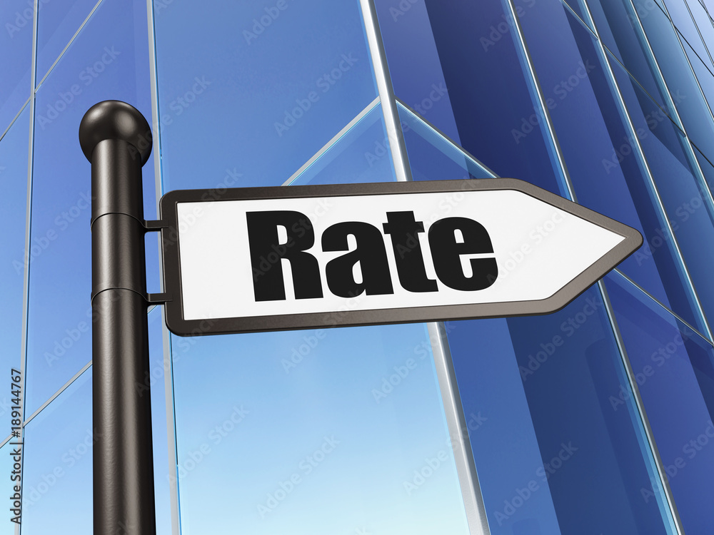 Currency concept: sign Rate on Building background, 3D rendering Currency concept: sign Rate on Building background, 3D rendering