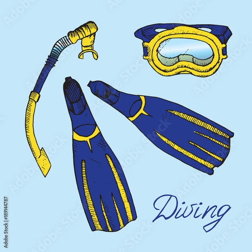 Blue and yellow diving mask, flippers and snorkel, hand drawn doodle sketch with inscription, isolated vector color illustration