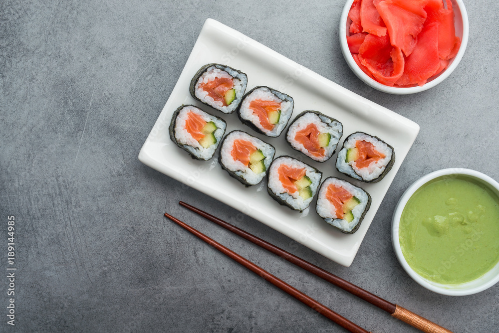 Sushi with salmon and cucumber