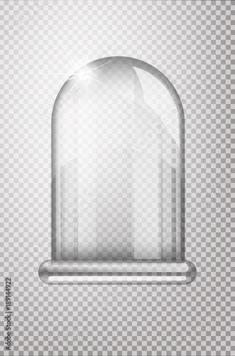 Magic crystal flask of glass. Empty snow bulb. White transparent glass flask on a stand. Vector christmas glass bulb on transparent background. Transparent object for design, mock-up