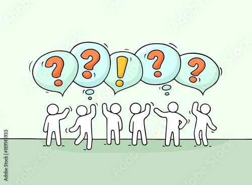 Crowd of working little people with speech bubbles.