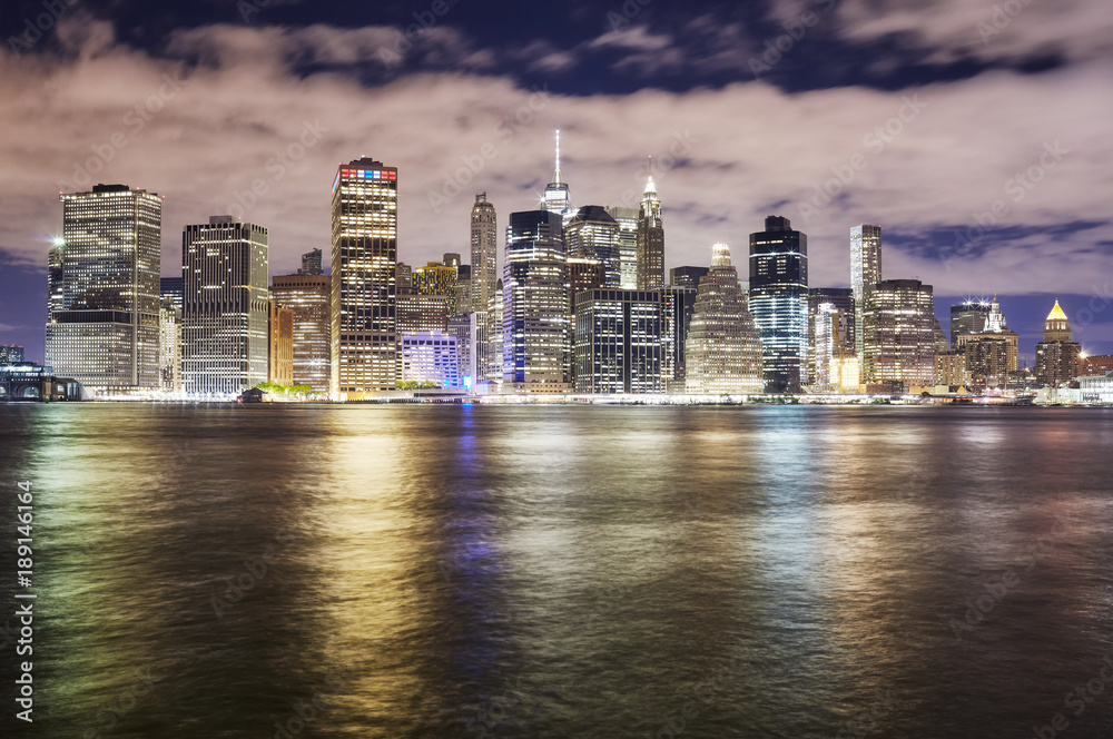 New York City skyline at night, USA