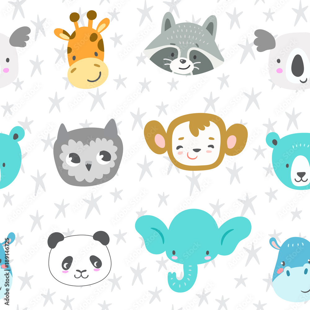 Seamless vector pattern with cute smiling animal heads. Cartoon elephant, monkey, raccoon, panda, owl, giraffe, bear, koala and hippo. Funny zoo characters. Seamless vector pattern with cute smiling animal heads. Cartoon elephant, monkey, raccoon, panda, owl, giraffe, bear, koala and hippo. Funny zoo characters.