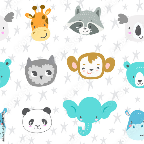 Fototapeta Naklejka Na Ścianę i Meble -  Seamless vector pattern with cute smiling animal heads. Cartoon elephant, monkey, raccoon, panda, owl, giraffe, bear, koala and hippo. Funny zoo characters.