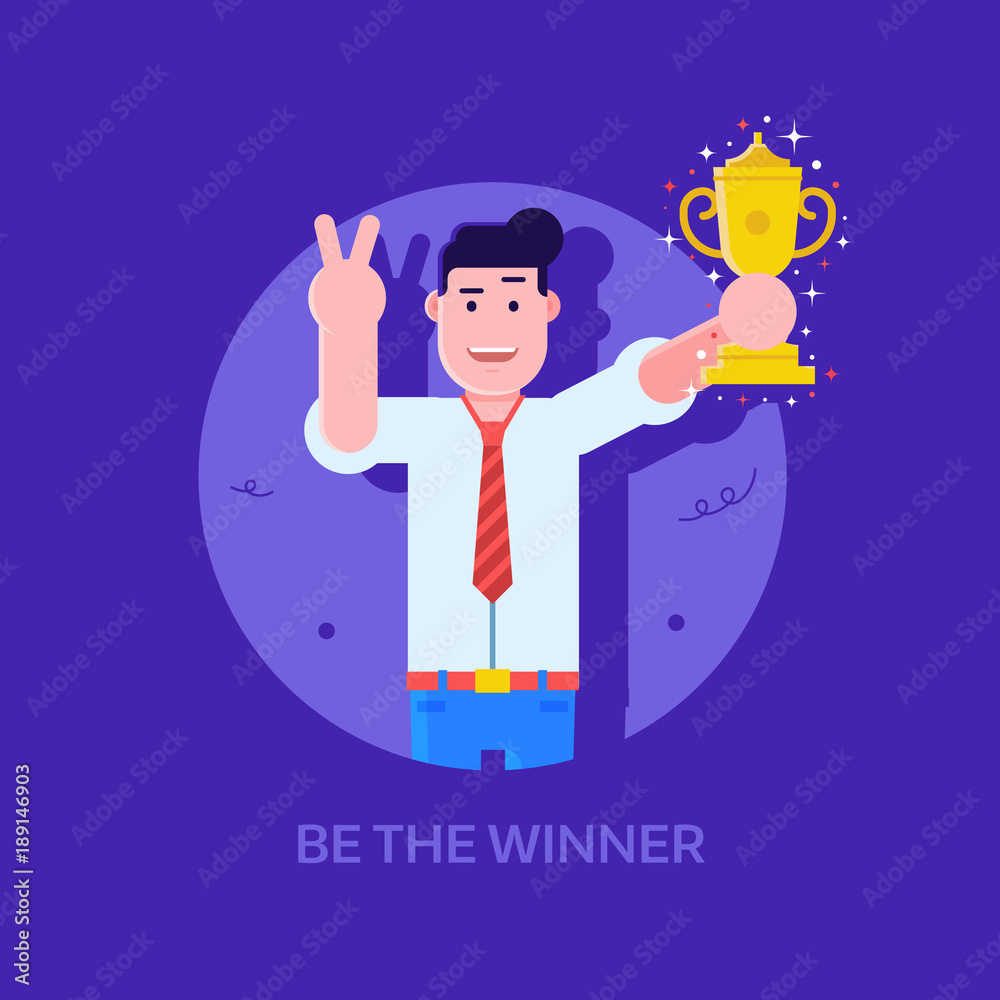 Leading manager or businessman with prize cup icon. Happy office man holding trophy. Achievement, award and first place concept. Be the winner successful career illustration with young professinal. Leading manager or businessman with prize cup icon. Happy office man holding trophy. Achievement, award and first place concept. Be the winner successful career illustration with young professinal.
