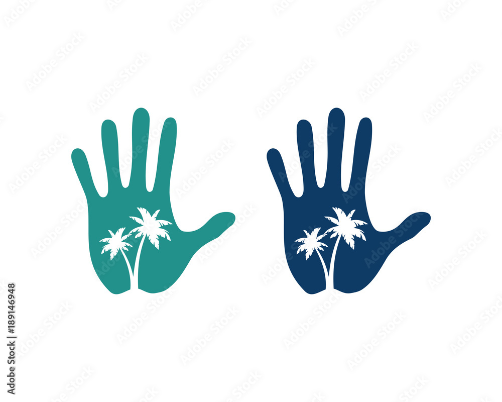 Obraz premium Five Fingers Hands with Palm Tree Inside it Illustration Silhouette Logo Symbol Vector 