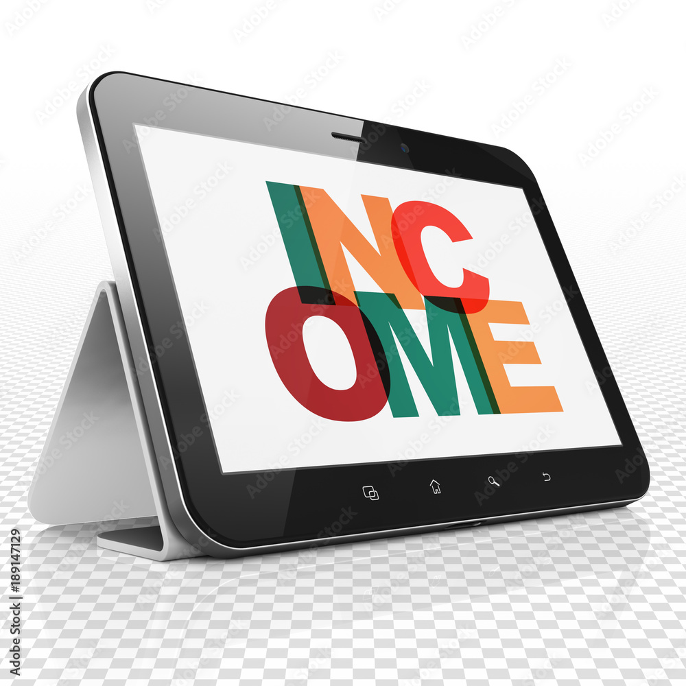 Finance concept: Tablet Computer with Painted multicolor text Income on display, 3D rendering Finance concept: Tablet Computer with Painted multicolor text Income on display, 3D rendering