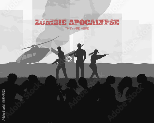 Poster Zombie apocalypse. Silhouettes of gunmans and dead peoples on helicopter background. Video game: shooter. Horror thriller. Nightmare monsters. Vector ilustration