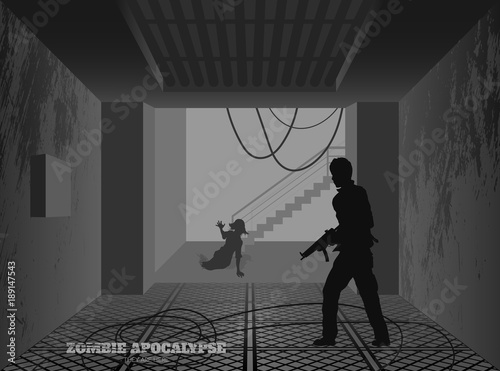 Poster Zombie apocalypse. Silhouettes of gunmans and dead woman on industrial background. Video game: shooter. Horror thriller. Nightmare monsters. Vector ilustration