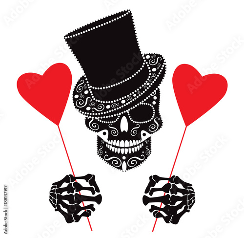 Valentine background with skull icon and hearts vector illustration