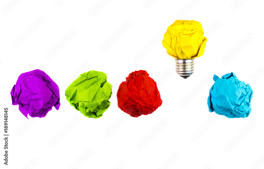 Great idea, standing out of the crowd concept. Crumpled paper as symbol of a light bulb, idea isolated on white background - obrazy, fototapety, plakaty 
