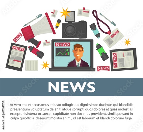 News poster flat vector design of TV reporter and journalist profession working items
