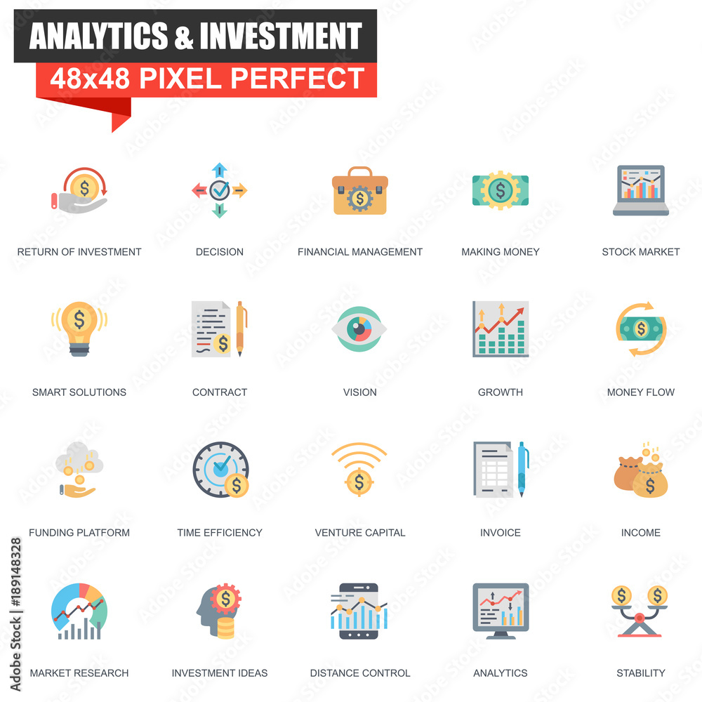 Fototapeta premium Modern flat analytics and investment icons set for website and mobile site and apps. Contains such Icons as Vision, Money, Funding, Decision. 48x48 Pixel Perfect. Editable Stroke. Vector illustration.