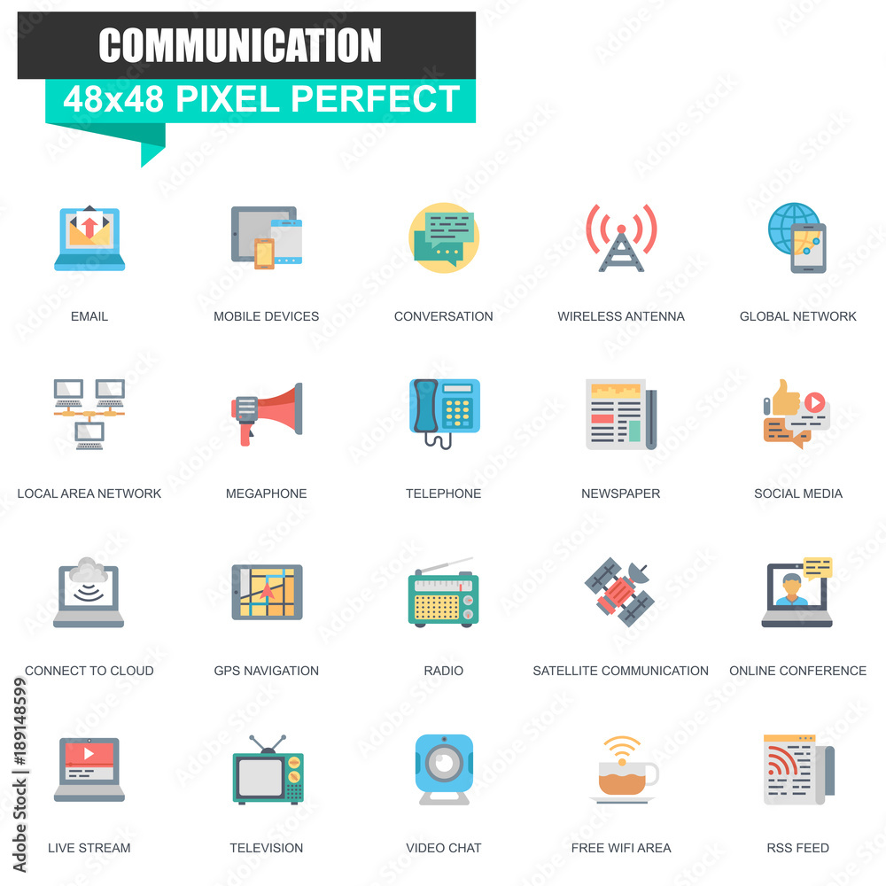 Modern flat communication and connectivity icons set for website and mobile site and apps. Contains such Icons as Megaphone, Mobile, Social. 48x48 Pixel Perfect. Editable Stroke. Vector illustration. Modern flat communication and connectivity icons set for website and mobile site and apps. Contains such Icons as Megaphone, Mobile, Social. 48x48 Pixel Perfect. Editable Stroke. Vector illustration.