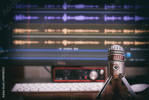 microphone with a podcast icon photo